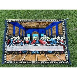 VTG The Last Supper Woven Wall Tapestry Rug Religious Christian Art 68"x46.5"